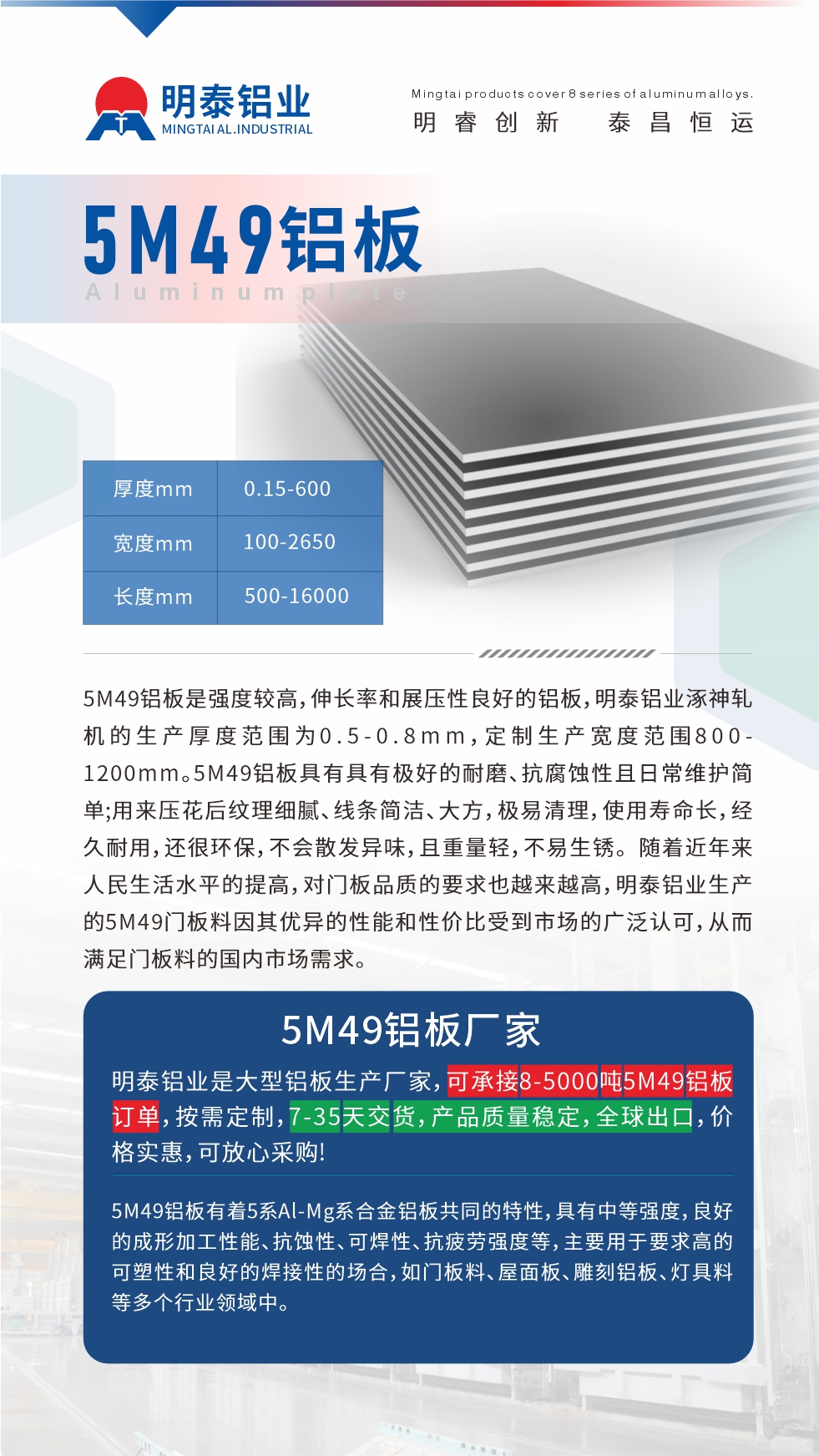 5M49鋁板是強(qiáng)度較高，伸長率和展壓性良好的鋁板，明泰鋁業(yè)涿神軋機(jī)的生產(chǎn)厚度范圍為0.5-0.8mm，定制生產(chǎn)寬度范圍800-1200mm。5M49鋁板具有具有極好的耐磨、抗腐蝕性且日常維護(hù)簡(jiǎn)單;用來壓花后紋理細(xì)膩、線條簡(jiǎn)潔、大方，極易清理，使用壽命長，經(jīng)久耐用，還很環(huán)保，不會(huì)散發(fā)異味，且重量輕，不易生銹。 隨著近年來人民生活水平的提高，對(duì)門板品質(zhì)的要求也越來越高，明泰鋁業(yè)生產(chǎn)的5M49門板料因其優(yōu)異的性能和性價(jià)比受到市場(chǎng)的廣泛認(rèn)可，從而滿足門板料的國內(nèi)市場(chǎng)需求。
