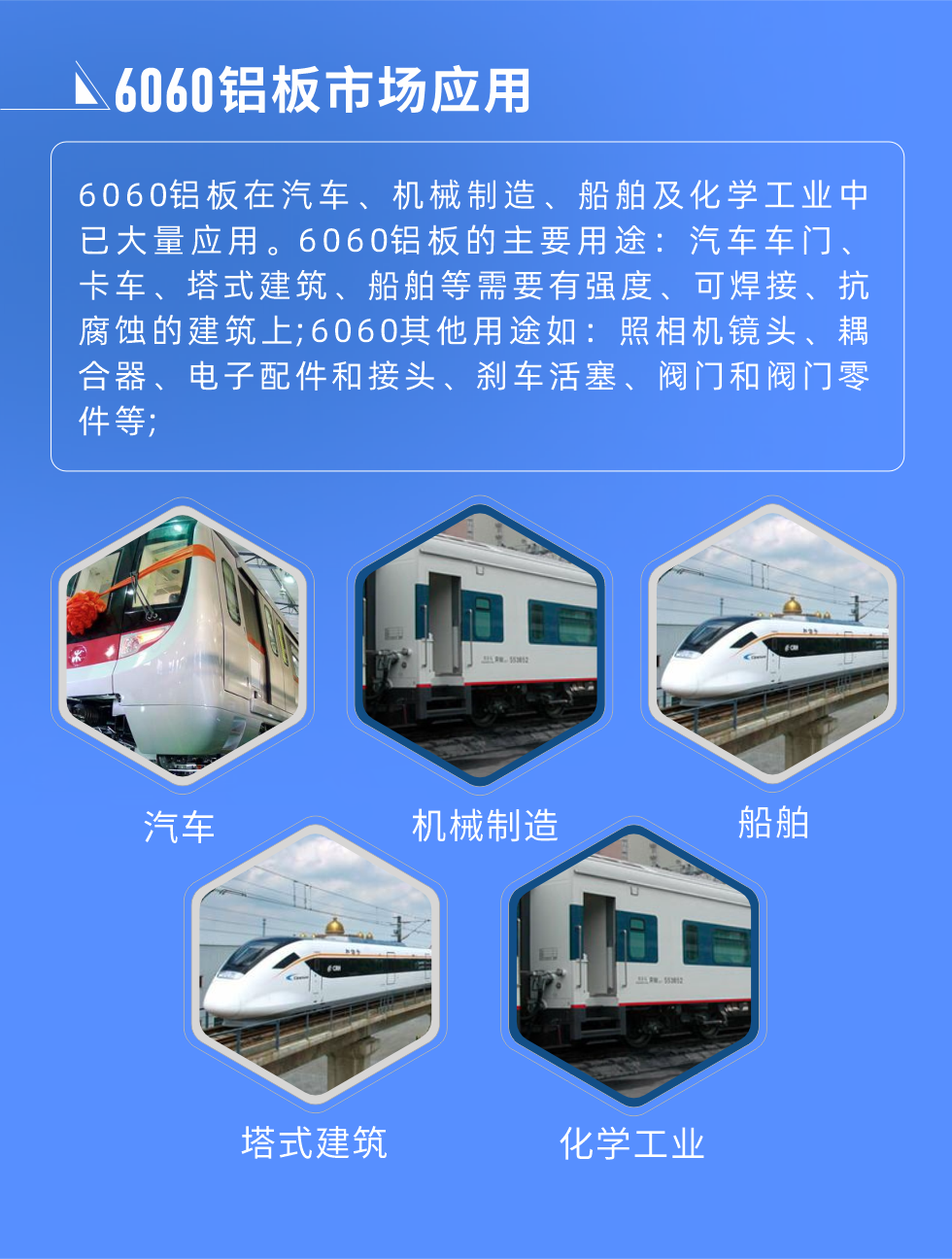 6060鋁板標準對照
美國鋁業(yè)協(xié)會(AA) 6060，UNS A96060，ISO R209 AlMgSi;6060鋁板市場應(yīng)用:
6060鋁板在汽車、機械制造、船舶及化學(xué)工業(yè)中已大量應(yīng)用。6060鋁板的主要用途：汽車車門、卡車、塔式建筑、船舶等需要有強度、可焊接、抗腐蝕的建筑上;6060其他用途如：照相機鏡頭、耦合器、電子配件和接頭、剎車活塞、閥門和閥門零件等;


