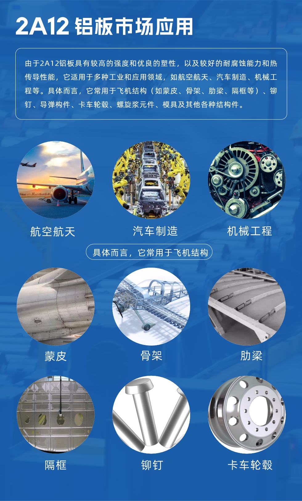 2A12鋁板產(chǎn)品用途

由于2A12鋁板具有較高的強度和優(yōu)良的塑性，以及較好的耐腐蝕能力和熱傳導性能，它適用于多種工業(yè)和應用領域，如航空航天、汽車制造、機械工程等。具體而言，它常用于飛機結構（如蒙皮、骨架、肋梁、隔框等）、鉚釘、導彈構件、卡車輪轂、螺旋漿元件、模具及其他各種結構件。
