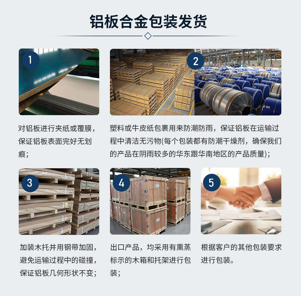 鋁板合金包裝發(fā)貨
　　1、對鋁板進行夾紙或覆膜，保證鋁板表面完好無劃痕;
　　2、塑料或牛皮紙包裹用來防潮防雨，保證鋁板在運輸過程中清潔無污物(每個包裝都有防潮干燥劑，確保我們的產(chǎn)品在陰雨較多的華東跟華南地區(qū)的產(chǎn)品質(zhì)量);
　　3、加裝木托并用鋼帶加固，避免運輸過程中的碰撞，保證鋁板幾何形狀不變;
　　4、出口產(chǎn)品，均采用有熏蒸標示的木箱和托架進行包裝;
　　5、根據(jù)客戶的其他包裝要求進行包裝;