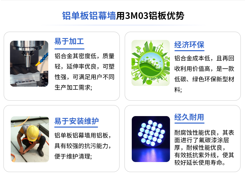 鋁單板鋁幕墻用3M03鋁板優(yōu)勢(shì)
易于加工
鋁合金其密度低，質(zhì)量輕，延伸率優(yōu)良，可塑性強(qiáng)，可滿足用戶不同生產(chǎn)加工需求;
易于安裝維護(hù)
鋁單板鋁幕墻用鋁板具有較強(qiáng)的抗污能力，便于維護(hù)清理;
經(jīng)濟(jì)環(huán)保
鋁合金成本低，且再回收利用價(jià)值高，是一款低碳、綠色環(huán)保新型材料，
經(jīng)久耐用
耐腐蝕性能優(yōu)良，其表面進(jìn)行了氟碳漆涂層厚，耐候性能優(yōu)良，有效抵抗紫外線，使其較好延長(zhǎng)使用壽命。
